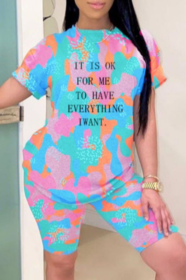

lovely Leisure O Neck Print Multicolor Plus Size Two-piece Shorts Set, Multi