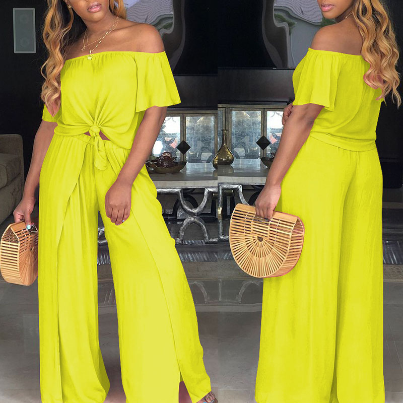 

lovely Stylish Dew Shoulder Yellow Plus Size Two-piece Pants Set