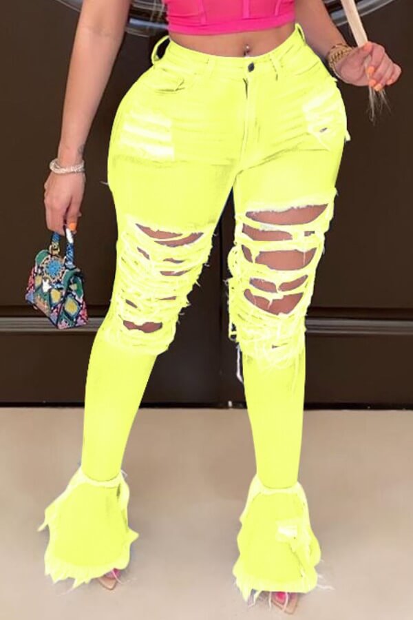 

Lovely Trendy Hollow-out Yellow Jeans