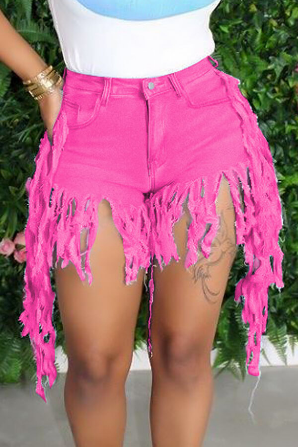 LW Casual Tassel Design Yellow Denim Shorts, Rose red