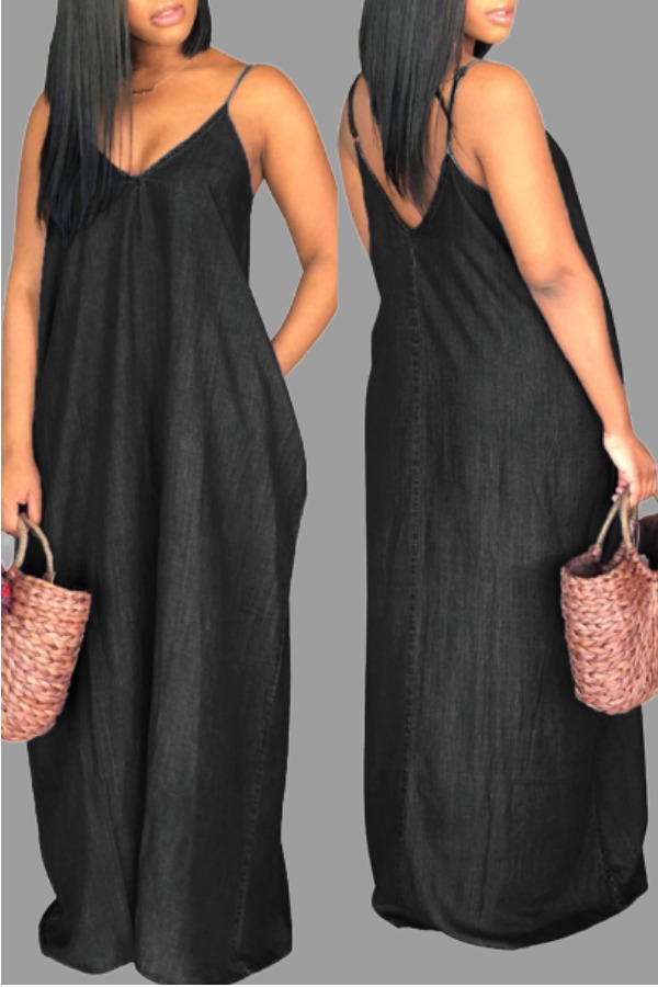 

Lovely Casual V Neck Loose Black Plus Size Dress