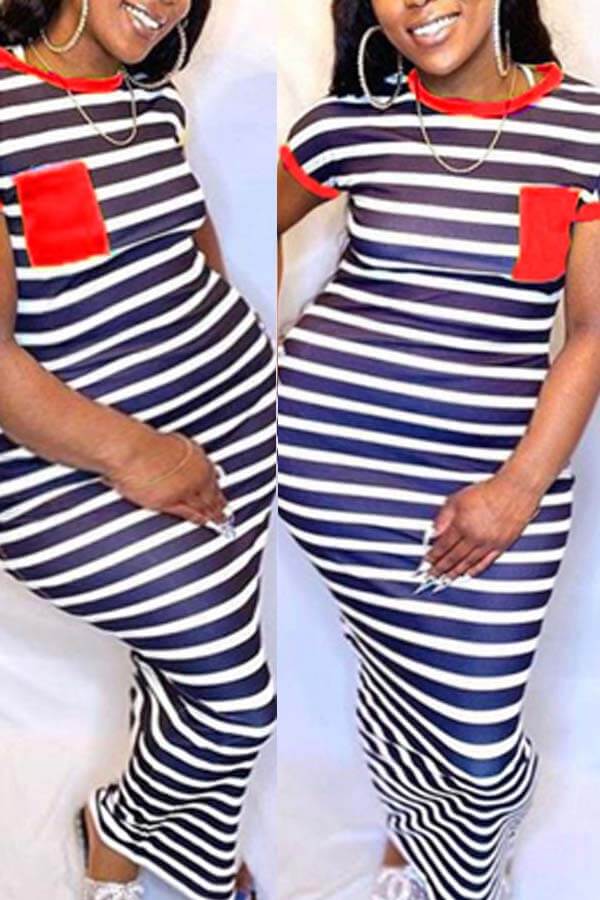 

Lovely Plus Size Casual Striped Red Ankle Length Dress