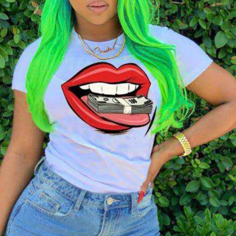 

lovely Casual O Neck Lip Print White T-shirt
