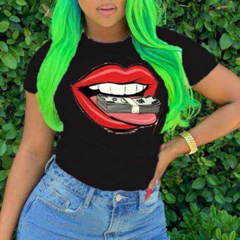 

lovely Casual O Neck Lip Print Black T-shirt