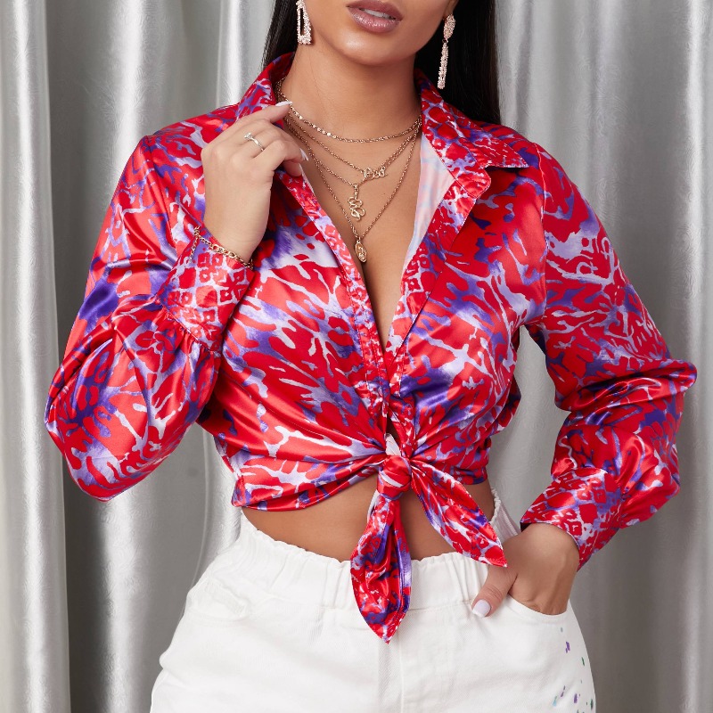 

lovely Stylish Turndown Collar Print Red Blouse