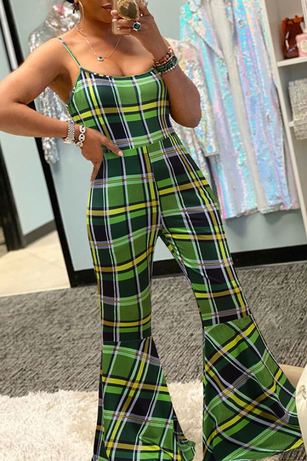 

lovely Stylish Grid Print Green One-piece Jumpsuit