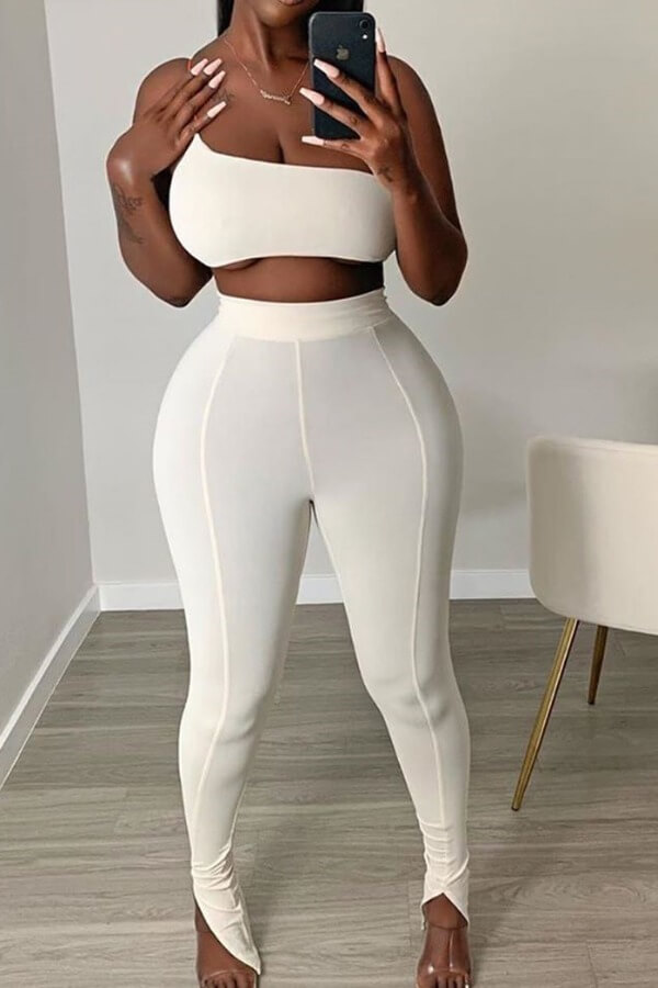 LW Casual One Shoulder White Two-piece Pants Set