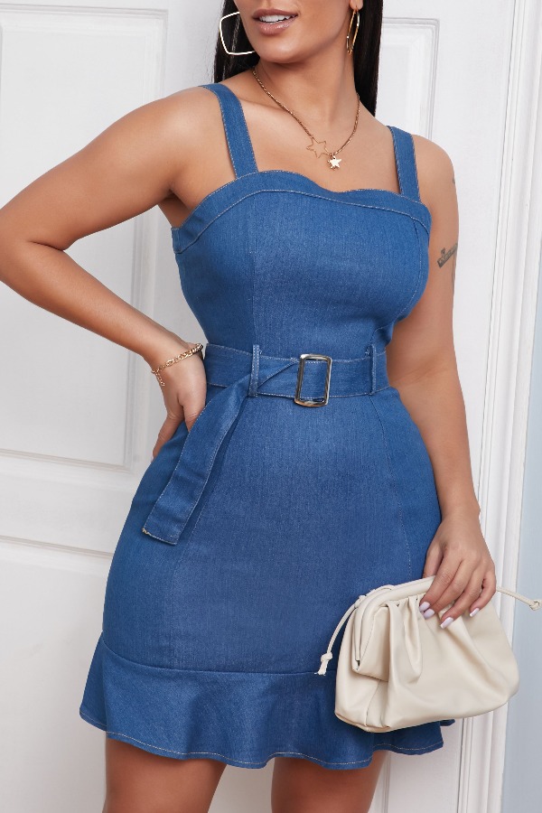 

Lovely Stylish Flounce Design Blue Mini Denim Dress