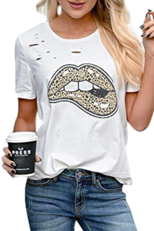 

Lovely Casual O Neck Lip Print White T-shirt