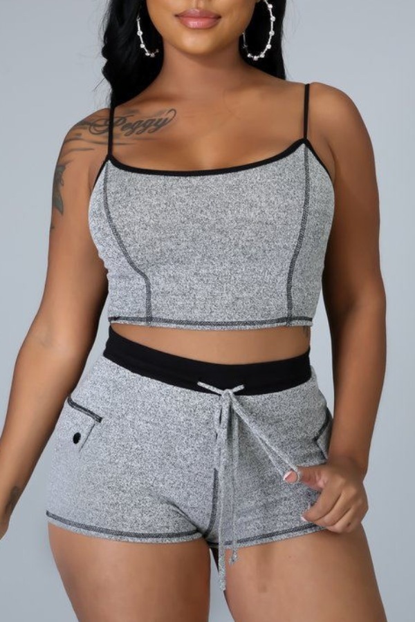 

lovely Sportswear Patchwork Grey Two-piece Shorts Set