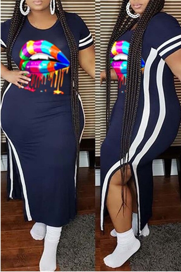 

Lovely Casual Lip Print Dark Blue Ankle Length Plus Size Dress