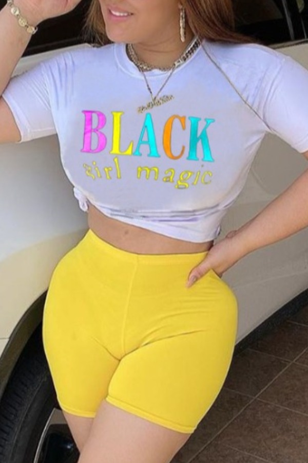 

lovely Sportswear Letter Print Yellow Two-piece Shorts Set