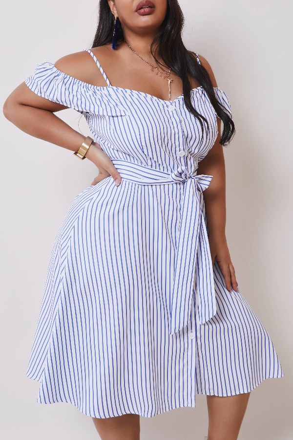 

lovely Stylish V Neck Striped White Knee Length Plus Size Dress