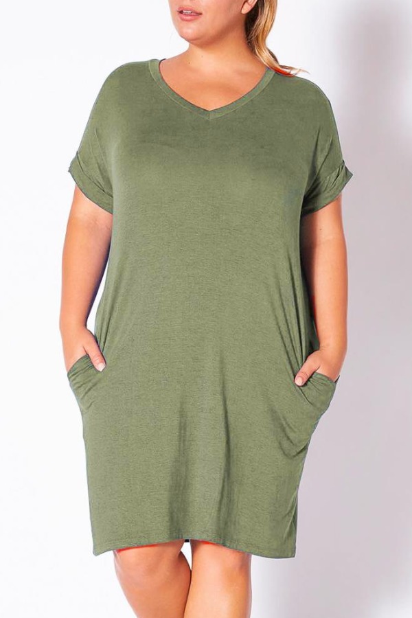 

lovely Casual Pocket Patched Army Green Knee Length Plus Size Dress