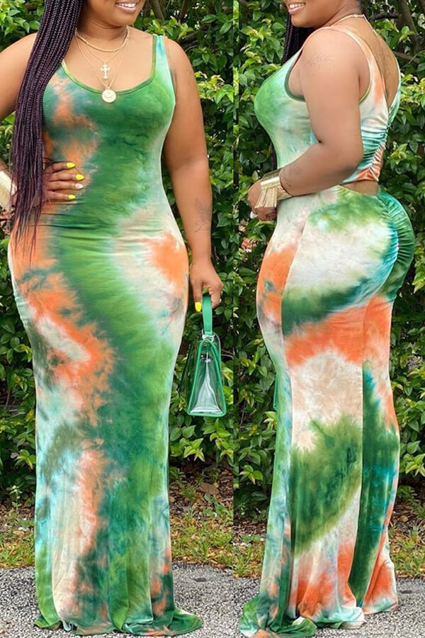 

Lovely Casual Tie-dye Green Maxi Plus Size Dress