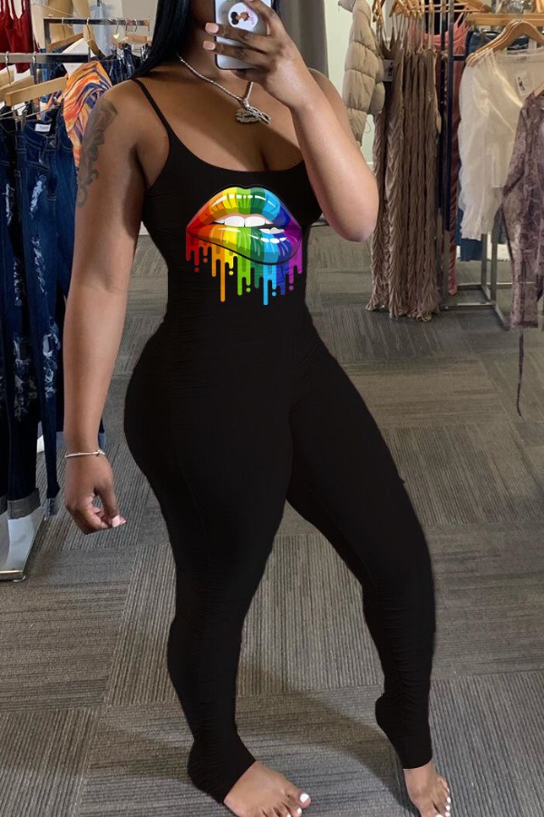 

lovely Trendy Lip Print Black One-piece Jumpsuit