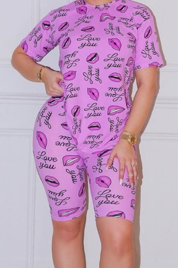 

lovely Casual Lip Print Purple Two-piece Shorts Set