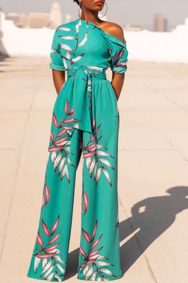 

lovely Stylish Plants Print Skyblue One-piece Jumpsuit