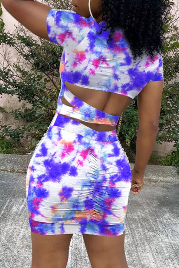 

lovely Casual O Neck Tie-dye Hollow-out Deep Blue Mini Dress