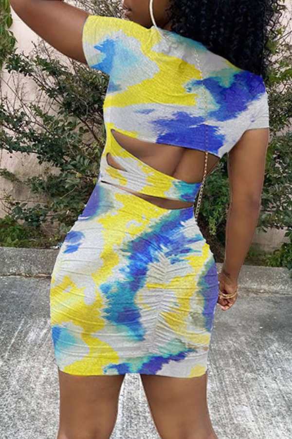 

lovely Casual O Neck Tie-dye Hollow-out Yellow Mini Dress