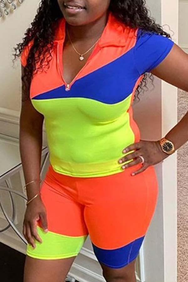 

lovely Casual Patchwork Yellow Two-piece Shorts Set