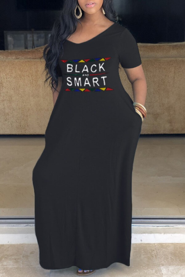 

Lovely Casual O Neck Letter Black Ankle Length Plus Size Dress