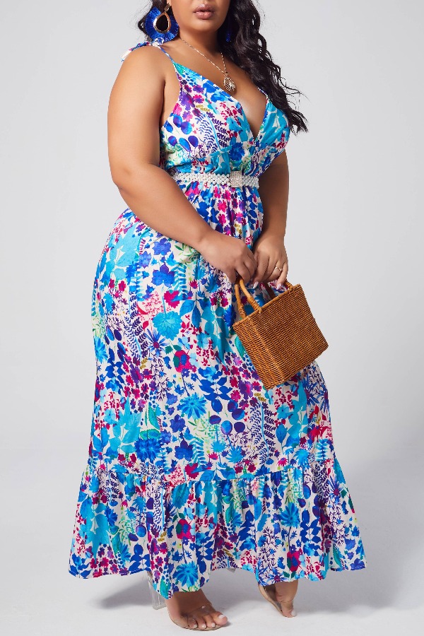

lovely Bohemian Floral Print Deep Blue Ankle Length Plus Size Dress