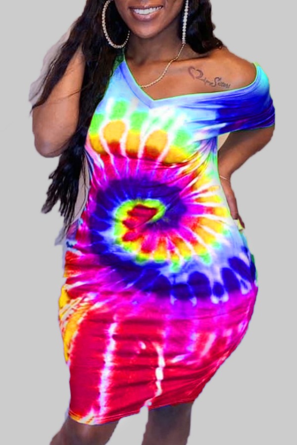 

lovely Casual Tie-dye Red Knee Length Plus Size Dress