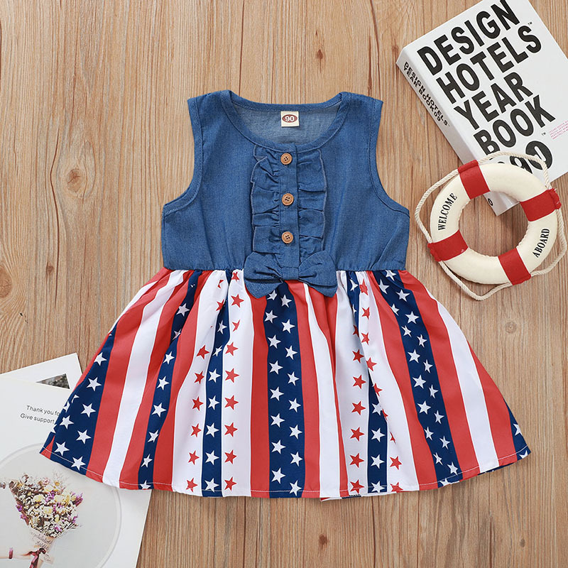 

lovely Sweet Print Patchwork Blue Girl Mid Calf Dress