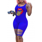 Lovely Stylish Lip Print Blue One-piece Romper