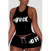 Lovely Casual Letter Black Plus Size Two-piece Sho