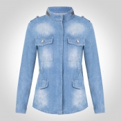 Lovely Trendy Pocket Patched Blue Plus Size Jacket