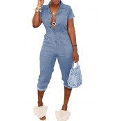 Lovely Casual Buttons Design Baby Blue One-piece J