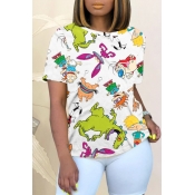 Lovely Street O Neck Cartoon Print White T-shirt