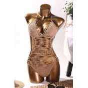 Lovely Cut-Out Khaki One-piece Swimsuit