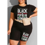 Lovely Casual Letter Print Black Plus Size Two-pie