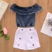 Lovely Sweet Buttons Design Blue Girl Two-piece Sh