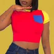 LW Casual O Neck Patchwork Red T-shirt