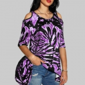 Lovely Casual O Neck Print Purple Plus Size T-shir