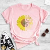 Lovely Casual O Neck Print Pink T-shirt