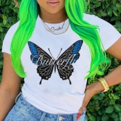 Lovely Casual O Neck Butterfly Print White T-shirt