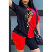 Lovely Casual Print Patchwork Red Two-piece Shorts