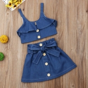 Lovely Trendy Buttons Design Blue Girl Two-piece S