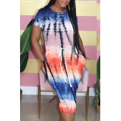 Lovely Casual Tie-dye Deep Blue Knee Length Dress