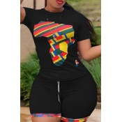 LW Casual O Neck Print Black Two-piece Shorts Set