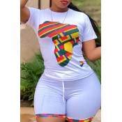 Lovely Casual O Neck Print White Two-piece Shorts 