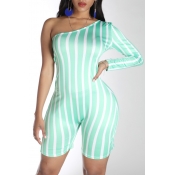 Lovely Trendy One Shoulder Striped Green One-piece