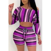 Lovely Casual Striped Purple Plus Size Two-piece S