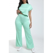 Lovely Leisure O Neck Basic Grass Green Two-piece 