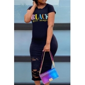 Lovely Plus Size Leisure O Neck Letter Black Mid C
